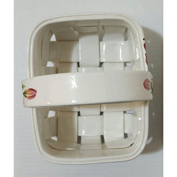 Hand Painted Italian Pottery Ceramic Woven Basket with Handle Floral Design - Picture 8 of 11